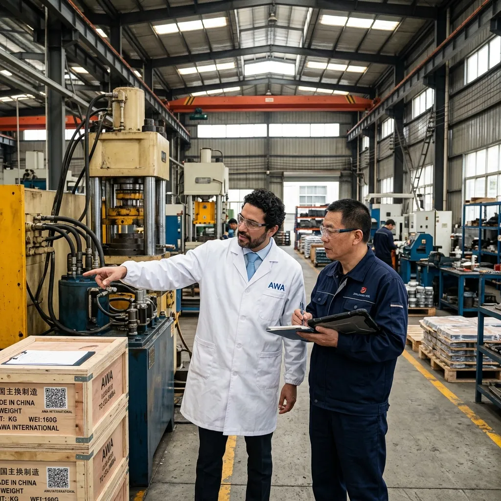 Empresario colombiano y gerente chino inspeccionando productos en fábrica de China - AWA Company