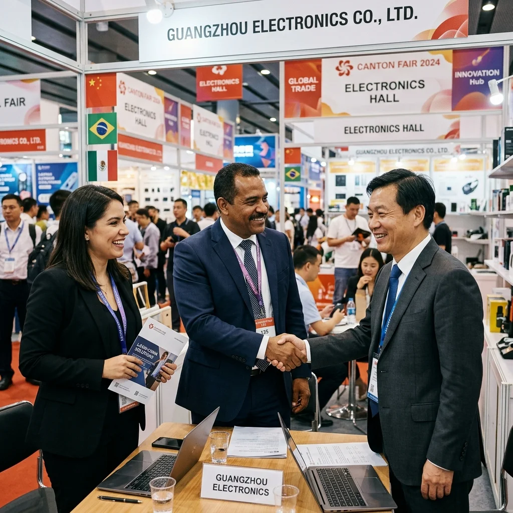 Equipo de Asia World Alliance Company cerrando negociaciones con clientes latinoamericanos en la Feria de Cantón