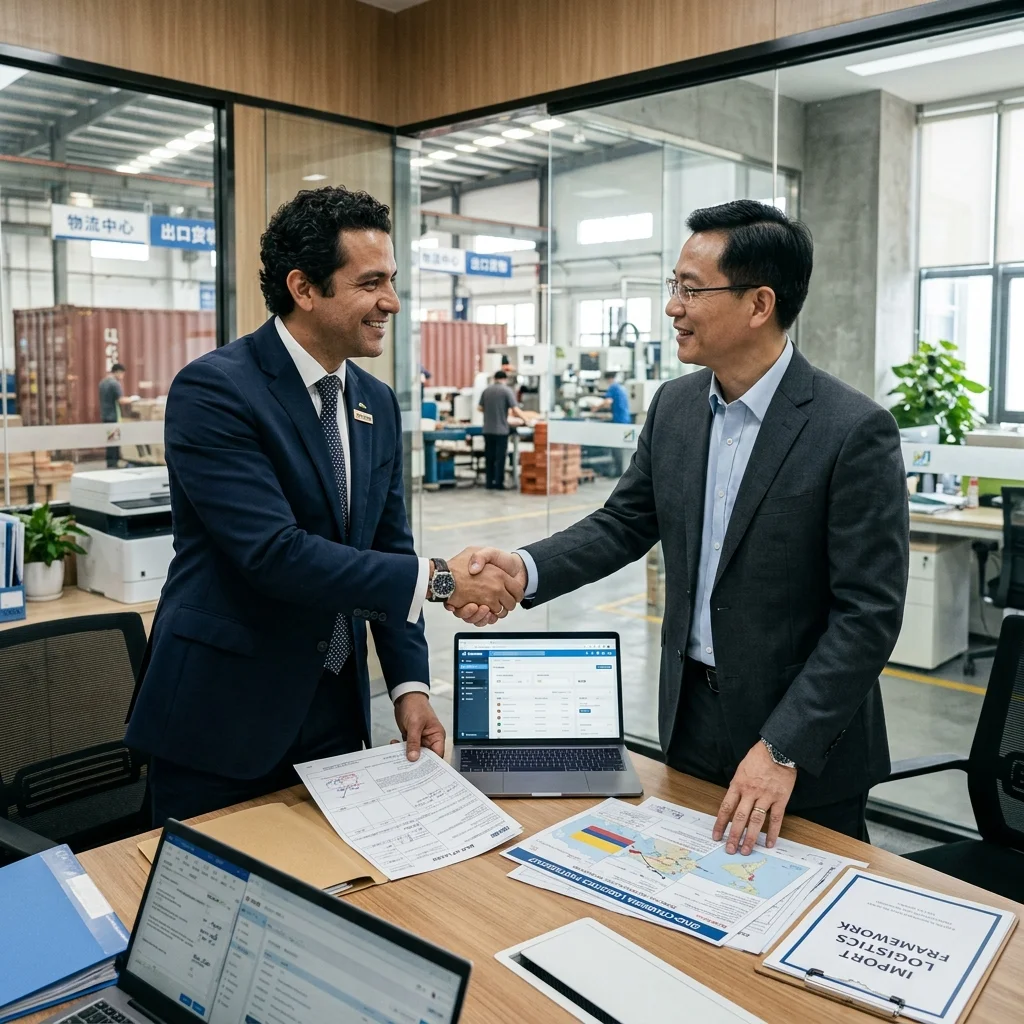 Colombiano y asiático estrechando la mano tras concretar negocios de importación con un broker en China