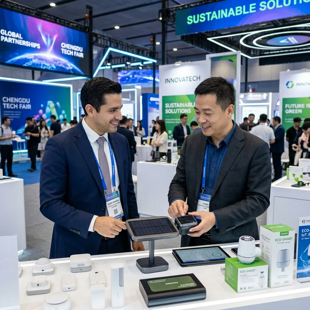 Empresario colombiano y proveedor asiático evaluando gadgets innovadores para importar desde China a Colombia