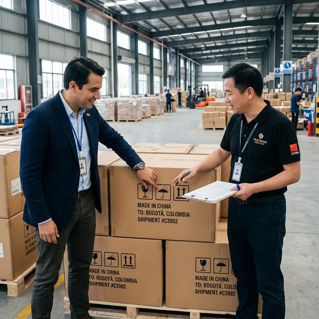 Empresario colombiano y logístico chino inspeccionando cajas con símbolos de frágil y mantener seco en una bodega de exportación