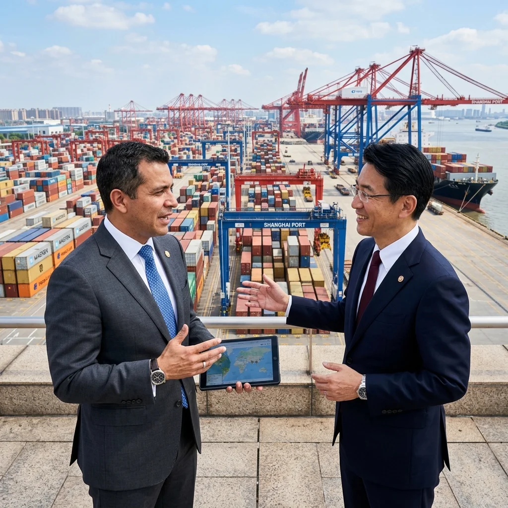 Colombiano y empresario asiático cerrando negocios en un puerto de zona de libre comercio en China