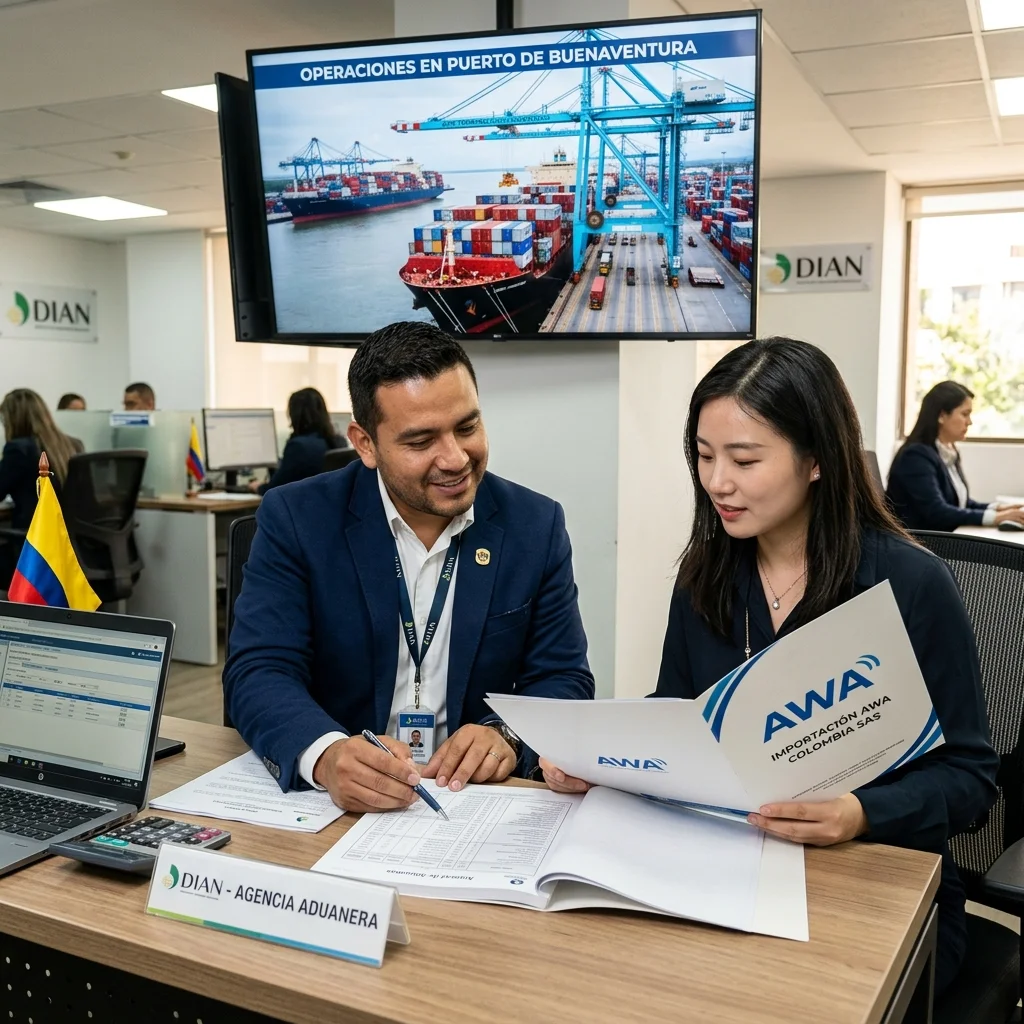Profesionales colombiano y chino revisando documentos de aranceles DIAN para importación desde China a Colombia en oficina aduanera