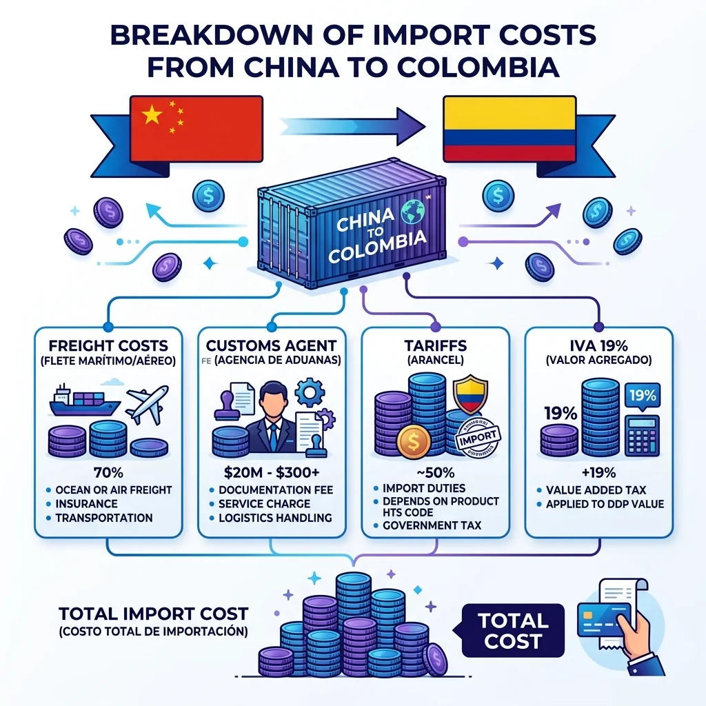Infografía desglose de costos de importación desde China a Colombia incluyendo flete marítimo arancel IVA y agente de aduanas